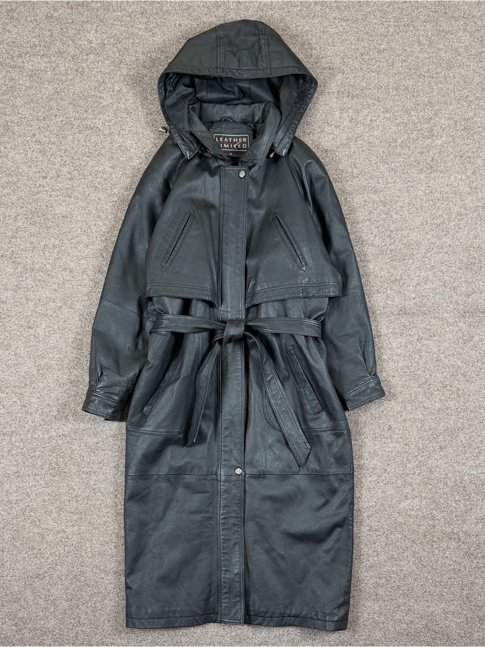 Vintage Black Leather Long Belted Trench Coat Women’s Medium Removable Hood 90s